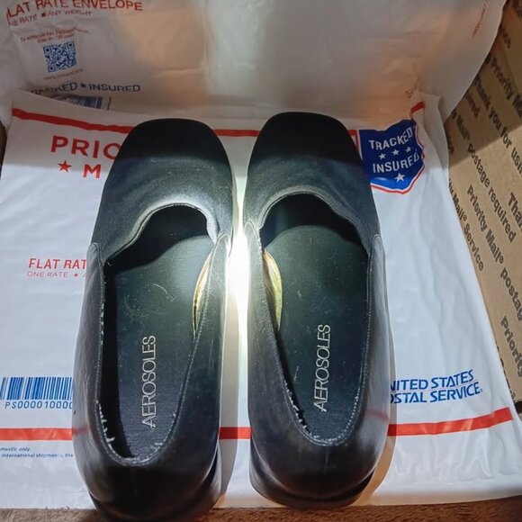 AeroSoles Women’s Black Leather/fabric Slide On Wedge Square Toe Shoes - Picture 10 of 10